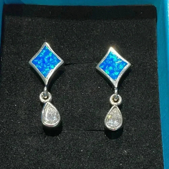 Lab created opals and lab created diamonds in rhodium plated silver earring NMOT - Picture 1 of 9